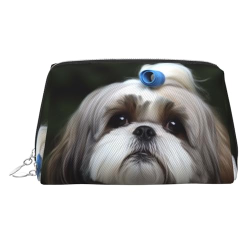 KKLWEGU Shih Tzu Hunde-Make-up-Tasche aus Leder, wasserdicht, Kosmetiktasche, Organizer, kleine Make-up-Tasche, mit Reißverschluss, tragbare Reise-Kulturbeutel für Damen und Mädchen, silber KKLWEGU Shih Tzu Hunde-Make-up-Tasche aus Leder, wasserdicht, Kosmetiktasche, Organizer, kleine Make-up-Tasche, mit Reißverschluss, tragbare Reise-Kulturbeutel für Damen und Mädchen, silber von KKLWEGU