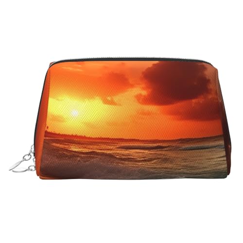 KKLWEGU The Beach Sunset Make-up-Tasche aus Leder, wasserdicht, Kosmetiktasche, Organizer, kleine Make-up-Tasche, mit Reißverschluss, tragbare Reise-Kulturbeutel für Damen und Mädchen, silber von KKLWEGU