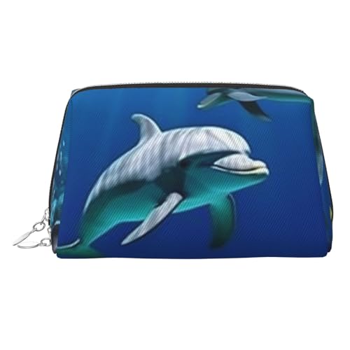 KKLWEGU Underwater World Make-up-Tasche aus Leder, mit Delphi-Motiv, wasserdicht, kleine Make-up-Tasche, mit Reißverschluss, tragbar, Reise-Kulturbeutel für Damen und Mädchen, silber, Einheitsgröße von KKLWEGU