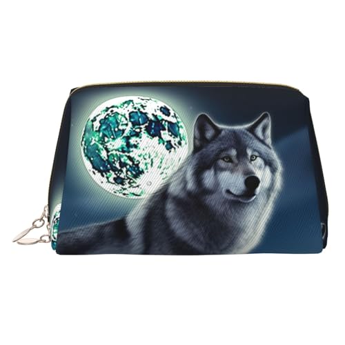 KKLWEGU Wolf Under Moon Make-up-Tasche aus Leder, wasserdicht, Kosmetiktasche, Organizer, kleine Make-up-Tasche mit Reißverschluss, tragbare Reise-Kulturbeutel für Damen und Mädchen, gold von KKLWEGU