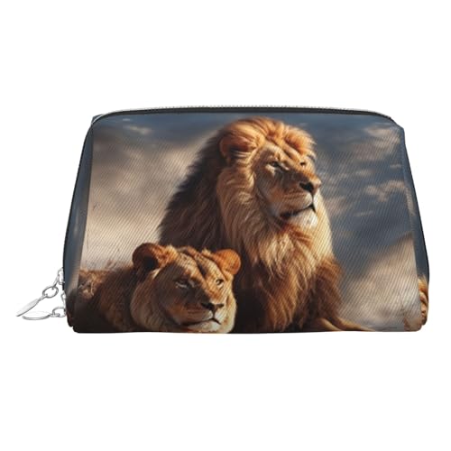 KKLWEGU Zwei Löwen Make-up-Tasche aus Leder, wasserdicht, Kosmetiktasche, Organizer, kleine Make-up-Tasche mit Reißverschluss, tragbare Reise-Kulturbeutel für Damen und Mädchen, silber, Einheitsgröße von KKLWEGU