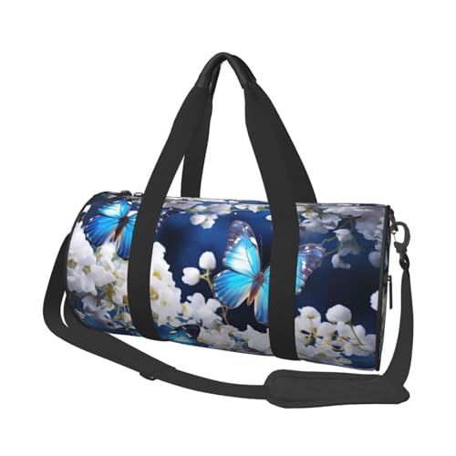 Reisetasche mit Schuhfach, leicht, Wochenendtasche, blaue Schmetterlinge, weiße Blumen, Yoga, Fitnessstudio, Sporttasche für Damen und Herren Reisetasche mit Schuhfach, leicht, Wochenendtasche, blaue Schmetterlinge, weiße Blumen, Yoga, Fitnessstudio, Sporttasche für Damen und Herren von KKLWEGU