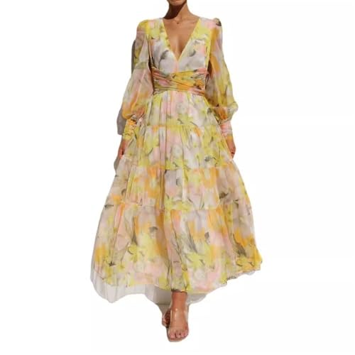 KKLZZUENI Damen Lange Bauernärmel Elastisches Herbstkleid Maxi Böhmisches Strandkleid Bedrucktes Kleid Hohe Taille Fließend von KKLZZUENI