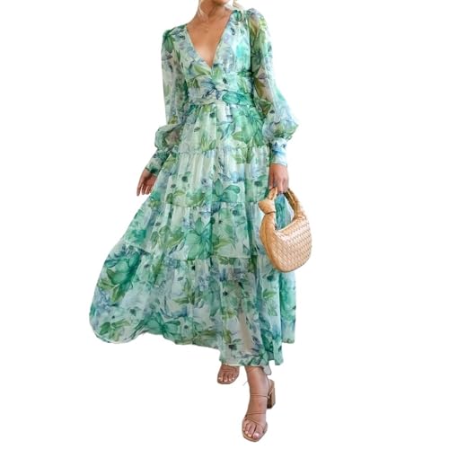 KKLZZUENI Damen Lange Bauernärmel Elastisches Herbstkleid Maxi Böhmisches Strandkleid Bedrucktes Kleid Hohe Taille Fließend von KKLZZUENI