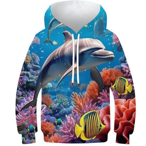 KKOLASXZE 3D Druck Delfine Hoodies KapuzenpulLieber PulLieber Unisex Sweatshirt Für Jungen Mädchen Mit Tasche 6-7Y von KKOLASXZE