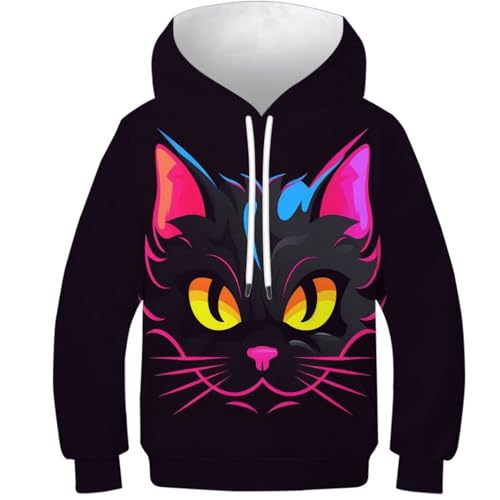 KKOLASXZE 3D GedrucKt Blue and Schwarze Katze Hoodies KapuzenpulLieber PulLieber Unisex Unisex Langarm PulLieber Sweatshirt Für Jungen Mädchen Mit Tasche 11-13Y von KKOLASXZE