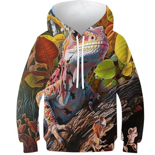 KKOLASXZE 3D GedrucKt Gecko Kinder Hoodie KapuzenpulLieber PulLieber Unisex Unisex Langarm PulLieber Sweatshirt Für Jungen Mädchen Mit Tasche 12-14Y von KKOLASXZE