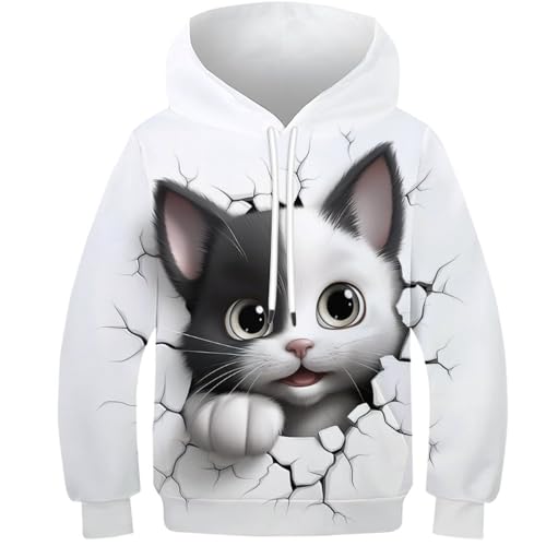KKOLASXZE 3D GedrucKt Katze Kinder Hoodie KapuzenpulLieber PulLieber Unisex Sweatshirts Für Jungen Mädchen Mit Tasche 7-9Y von KKOLASXZE