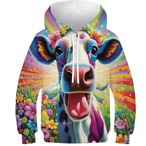 KKOLASXZE 3D GedrucKt Kuh Hoodie KapuzenpulLieber PulLieber Unisex Casual Hoody Sweatshirt Für Jungen Mädchen Mit Tasche 12-14Y von KKOLASXZE