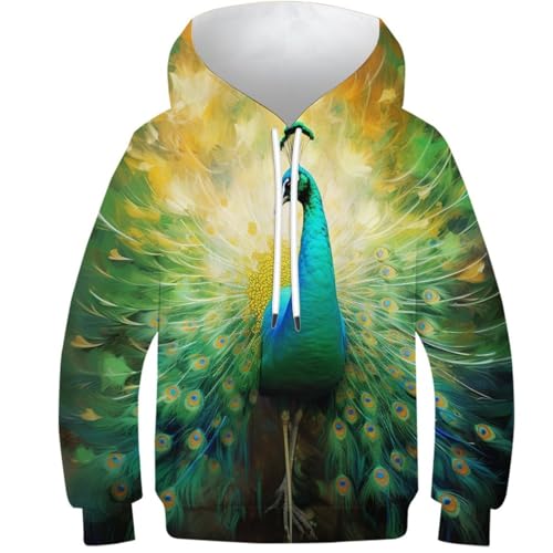 KKOLASXZE 3D GedrucKt Pfau Hoodies KapuzenpulLieber PulLieber Unisex Unisex Langarm PulLieber Sweatshirt Für Jungen Mädchen Mit Tasche 8-10Y von KKOLASXZE