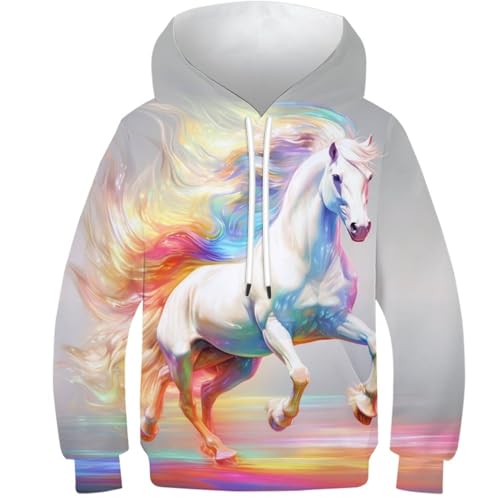 KKOLASXZE 3D GedrucKt Pferd Hoodie KapuzenpulLieber PulLieber Unisex Casual Hoody Sweatshirt Für Jungen Mädchen Mit Tasche 8-10Y von KKOLASXZE