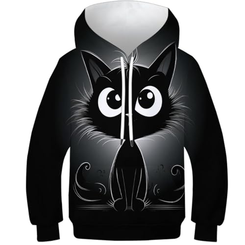 KKOLASXZE 3D GedrucKt Schwarze Katze Kinder Hoodie KapuzenpulLieber PulLieber Unisex Sweatshirts Für Jungen Mädchen Mit Tasche 12-14Y von KKOLASXZE