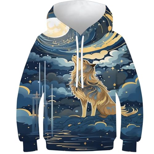 KKOLASXZE 3D GedrucKt Wölfe Hoodies KapuzenpulLieber PulLieber Unisex Sweatshirt Für Jungen Mädchen Mit Tasche 13-15Y von KKOLASXZE