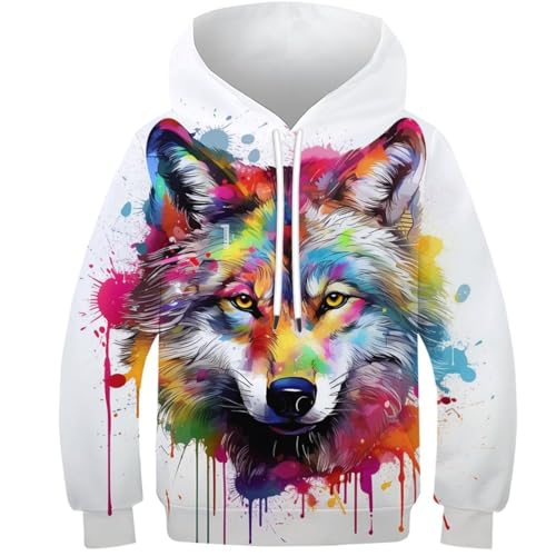KKOLASXZE 3D GedrucKt Wolf Hoodies KapuzenpulLieber PulLieber Unisex Sweatshirts Für Jungen Mädchen Mit Tasche 12-14Y von KKOLASXZE