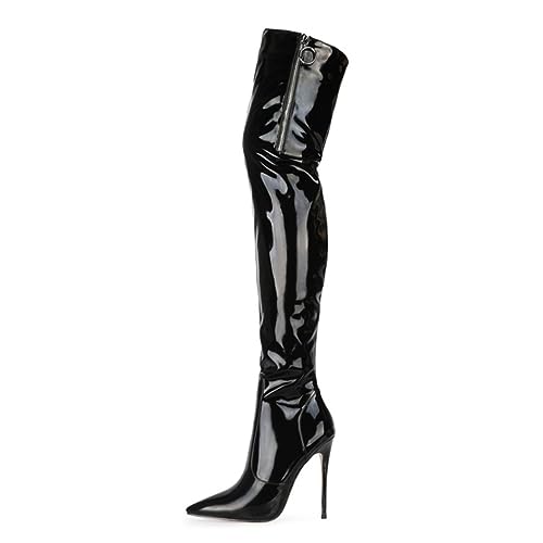 Damen Überknieschuhe Modische Spitzschuhe High Heels Glossy Lackleder Nachtclubparty Tanzen Lange Schuhe 12 cm (Schwarz 38 EU) von KKPLO