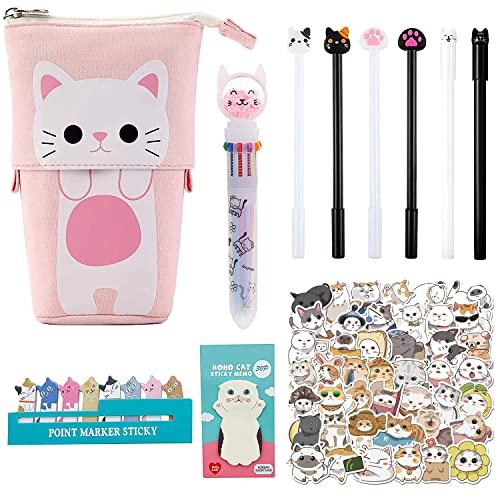 KKSJK Kinder Katzen Federmäppchen Set, 1 Katze Mäppchen, 1 Bunte Kugelschreiber, 6 Gelschreiber，62 Katzen Stickers, Sticky Notes, Geschenke für Mädchen von KKSJK