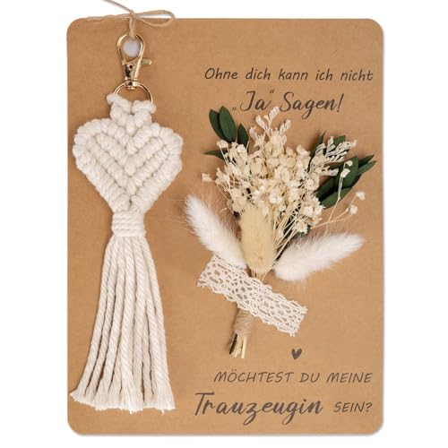 KKSJK Trauzeugin Fragen Geschenk, Inklusive Möchtest du Meine Trauzeugin Sein Karte, Trockenblumenstrauß und Schlüsselanhänger Makramee, Personalisierte Geschenke Brautjungfer, Handgefertigtes (Weiß) von KKSJK