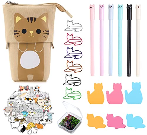 Kinder Katzen Federmäppchen Set, 1 Khaki Katze Mäppchen, 6 Gelschreiber, 50 Katzen Stickers, 30 Büroklammern, Sticky Notes, Geschenke für Mädchen und Kinder von KKSJK