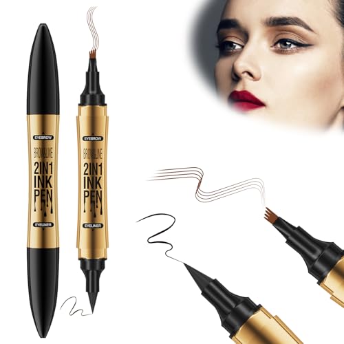 KKTONGXI Microblading Augenbrauenstift,Augenbrauenstift,2-in-1 Augenbrauen Tätowierungsstift mit 4 Gabelspitzen und Eyeliner - Wasserfester Doppelkopf-Augenbrauenstifts. (dunkelbraun) von KKTONGXI