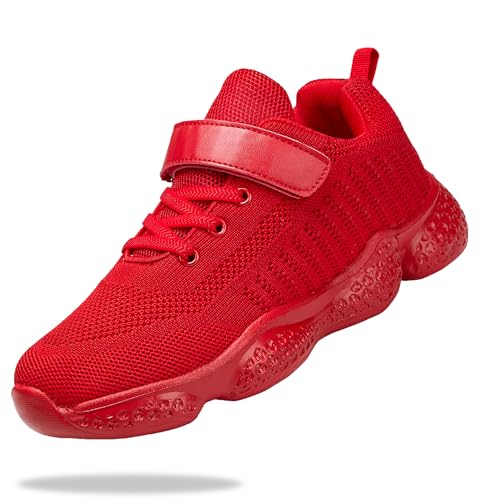 KKTOTO Kinderschuhe Mädchen Hallenschuhe Kinder Turnschuhe Laufschuhe Jungen Sportschuhe Atmungsaktiv Schule Schuhe Fitnessschuhe Klettverschluss Sneaker für Unisex-Kinder Ganz Rot 33 EU von KKTOTO