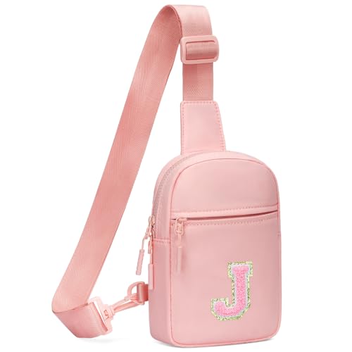KKXIU Geschenke für 6 7 8 9 10 11 12 Jahre alte Mädchen Initial Sling Bag Trendy Crossbody Bauchtasche für Teenager, Pink, 5.7 x 8.1 x 1.7 inches, J von KKXIU