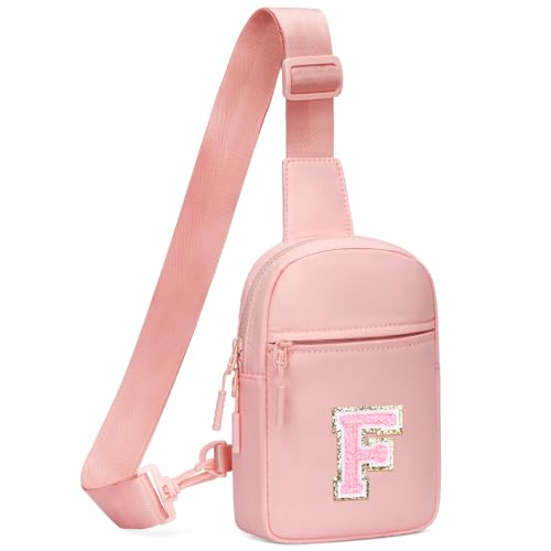 KKXIU Geschenke für 6 7 8 9 10 11 12 Jahre alte Mädchen Initial Sling Bag Trendy Crossbody Bauchtasche für Teenager, Pink, F von KKXIU
