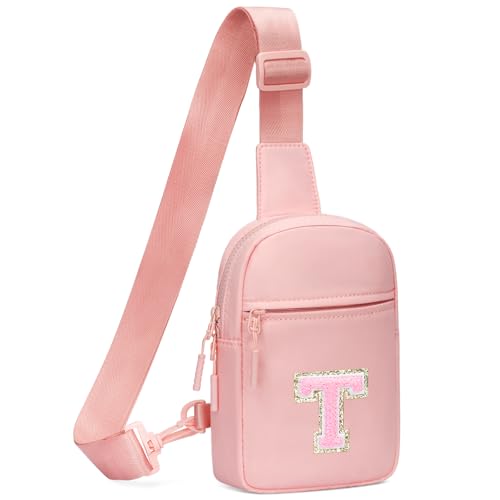 KKXIU Geschenke für 6 7 8 9 10 11 12 Jahre alte Mädchen Initial Sling Bag Trendy Crossbody Bauchtasche für Teenager, Pink, T von KKXIU