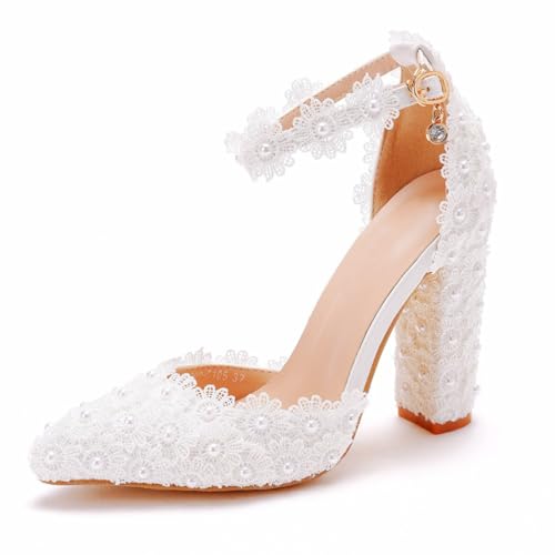 KKdhsfy 10.5CM Damen Hoch Chunky Geschlossene Zehe Block Fersen Spitze Spitze Hochzeit Pumps Schuhe Party Elegant Brautmode,Weiß,36 EU von KKdhsfy