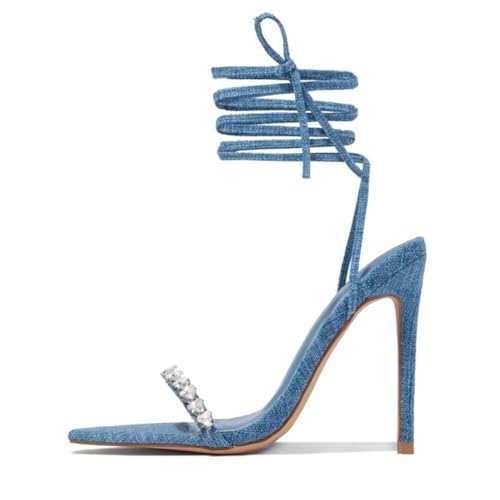 KKdhsfy 10CM Damen Schnürsandalen mit Absatz Spitze High Heels Riemchen-Partyschuhe,Blau,34 EU von KKdhsfy