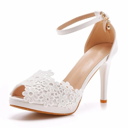 KKdhsfy 10CM Frauen Stiletto High Heels Braut Sandalen Weiße Spitze Offene Spitze Pumps Hochzeitsschuhe,Weiß,42 EU von KKdhsfy