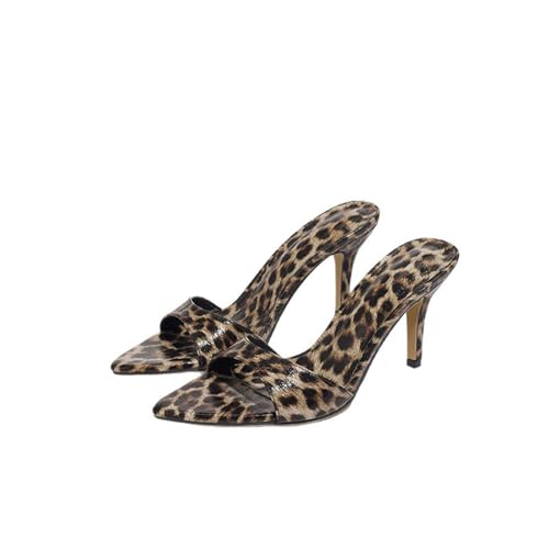 KKdhsfy 10CM Leopard Kitten Heels Spitz Zehen Mule Heels für Frauen Open Toe Kitten Heel für Party Dressy Hochzeit,Braun,38 EU von KKdhsfy
