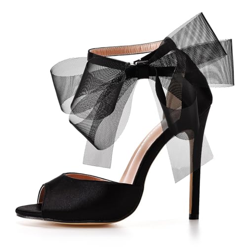 KKdhsfy 11CM Damen Offene Zehen Stiletto Heels mit Schleife Sandalen Hochzeit Party Ballkleid Schuhe,Schwarz,40 EU von KKdhsfy