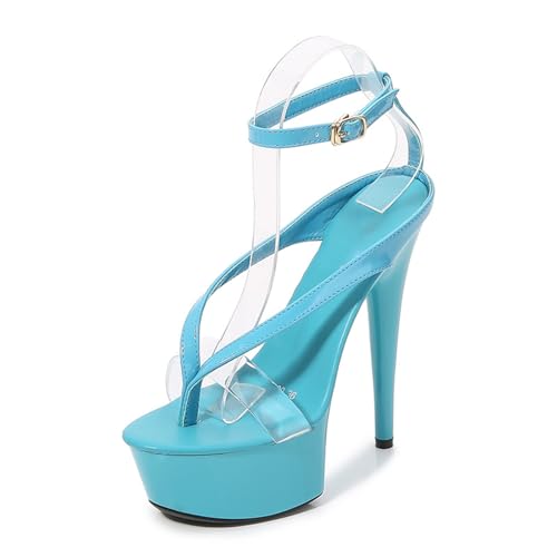 KKdhsfy 15CM Damen Plateau Schnürung Sandalen mit Absatz Flip Flop High Heels Riemchen Party Schuhe,Blau,34 EU von KKdhsfy