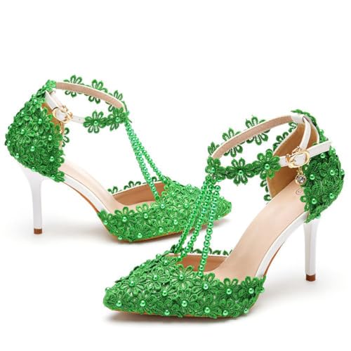 KKdhsfy 3,7 Zoll Spitze Frauen Bankett Sandalen Hochzeit Schuhe Spitze Party Kleid Pumps,Grün,38 EU von KKdhsfy