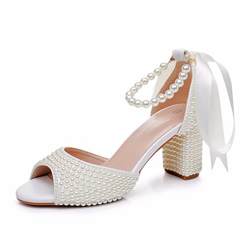 KKdhsfy 7,5 cm Block Heel Hochzeitsschuhe für Braut Frauen Chunky Heeled Sandalen Pearl Brautschuhe,Beige,37 EU von KKdhsfy