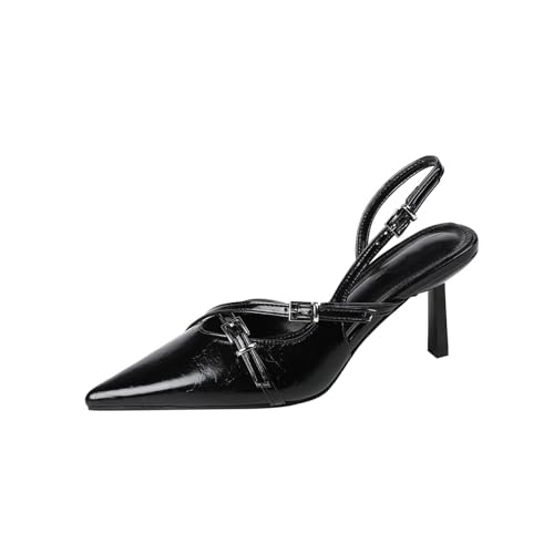KKdhsfy 7,5 cm Damen Slingback Kitten Heels Geschlossene Spitze Zehen Pumps Nieten Schnalle Riemen Party Kleid Schuhe,Schwarz,37 EU von KKdhsfy
