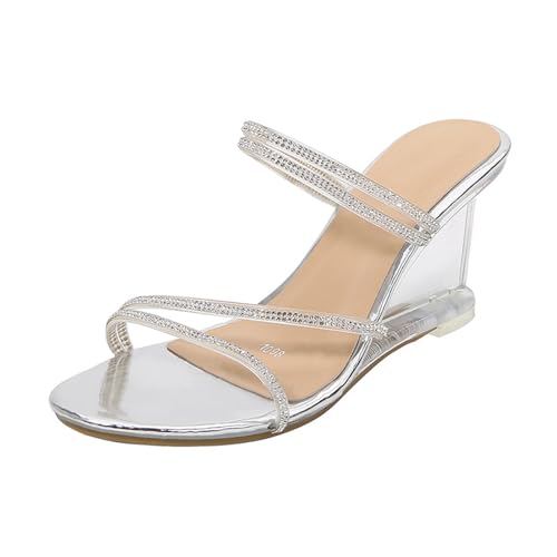 KKdhsfy 8CM Damen Sandalen mit Absatz Kristall Keil Pantoletten Offene Zehen Slip On Anzugschuhe,Silber,42 EU von KKdhsfy