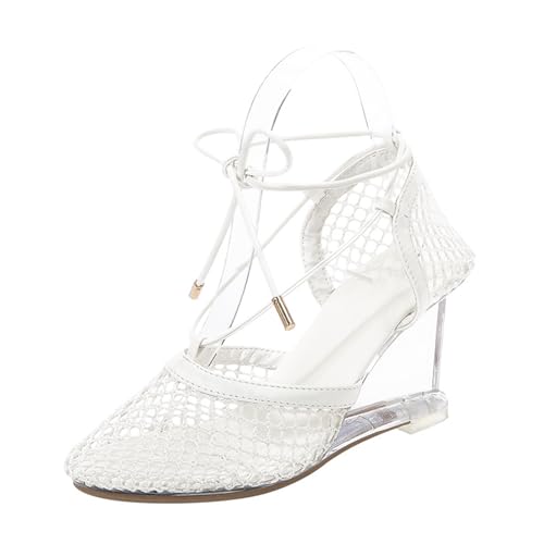 KKdhsfy 8CM Mesh Heels für Damen - Wickelabsätze mit Riemchen-Netzdesign,Weiß,39 EU von KKdhsfy