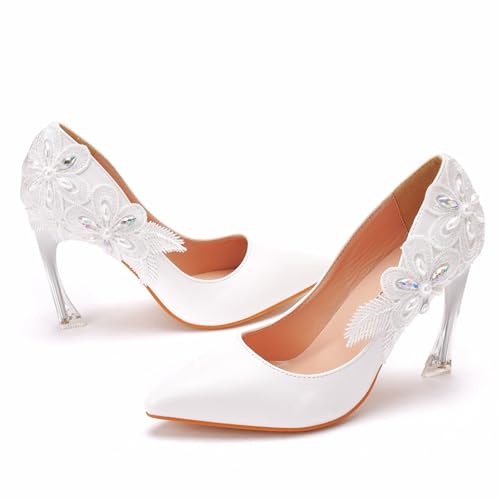 KKdhsfy 9,5 cm Damen Geschlossene Spitze Spitze Pumps Stiletto High Heels Hochzeit Party Kleid Schuhe,Weiß,41 EU von KKdhsfy