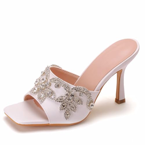 KKdhsfy 9CM Damen Stiletto Quadrat Offene Zehe Slip On Sandalen Sommer Abend Party Abschlussball Schuhe,Weiß,36 EU von KKdhsfy