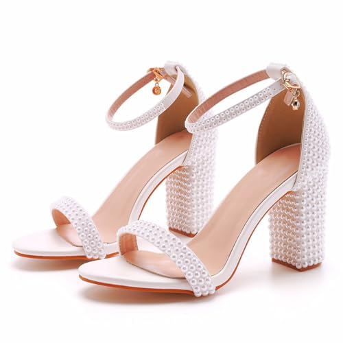 KKdhsfy 9CM Full Pearls Peep Toe Damen Chunky Heel Pump Schuhe für Braut Hochzeit Party Abendkleid Schuhe,Weiß,37 EU von KKdhsfy
