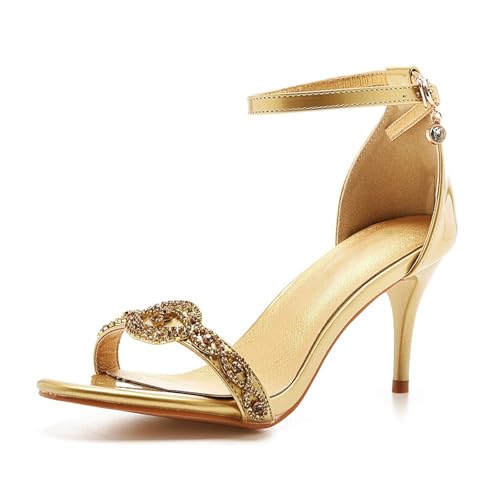 KKdhsfy Damen Riemchen Stiletto Heels Offene Zehe Knöchelriemen Kleid Schuhe 3 Zoll Kitten Heeled Sandalen,Gold,41 EU von KKdhsfy