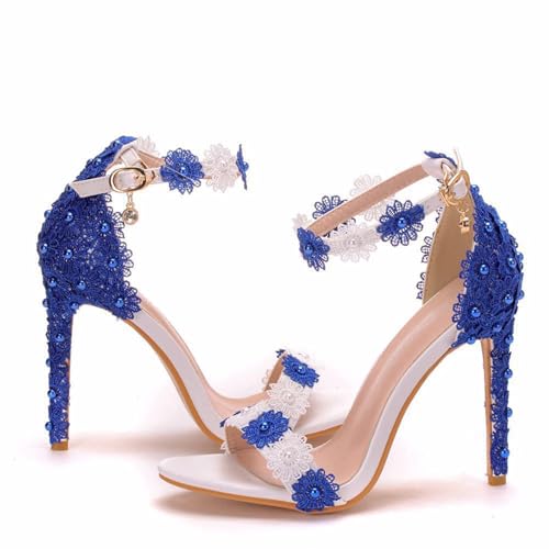 KKdhsfy Damen Spitzenperlen Offene Zehenpartie Stiletto Ferse Schnürung Heels Sandalen,Blau,42 EU von KKdhsfy