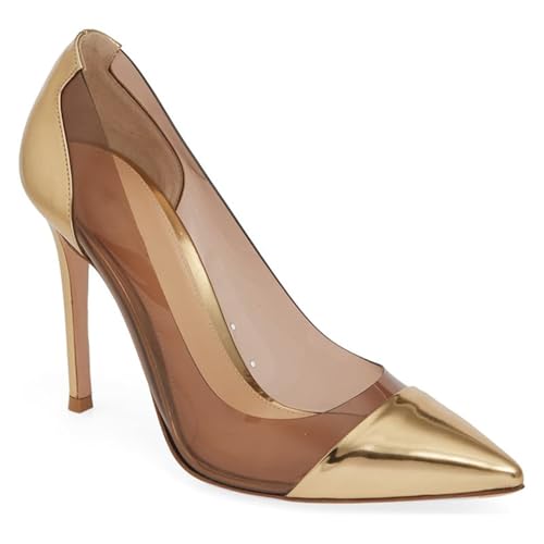 KKdhsfy Frauen PVC Mode Klar Slip-on Mode Spitzenzehen Party Blockabsatz Pumps Schuhe 10 cm,Gold,41 EU von KKdhsfy