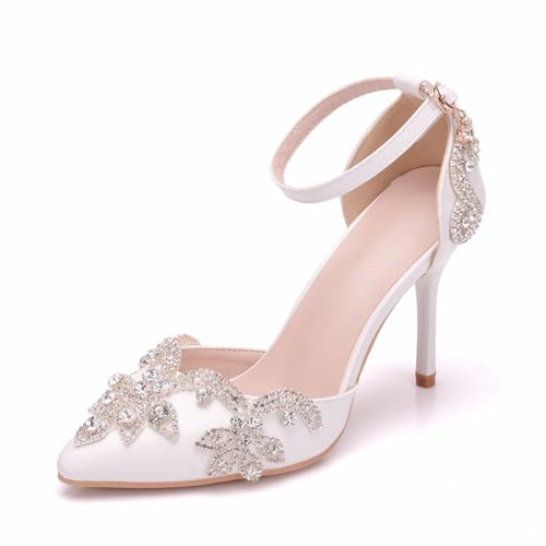 KKdhsfy Frauen Strass Heels Spitze 3,7 Zoll Stiletto Geschlossene Zehe Sandalen Kleid Hochzeit Pumpschuhe,Weiß,37 EU von KKdhsfy