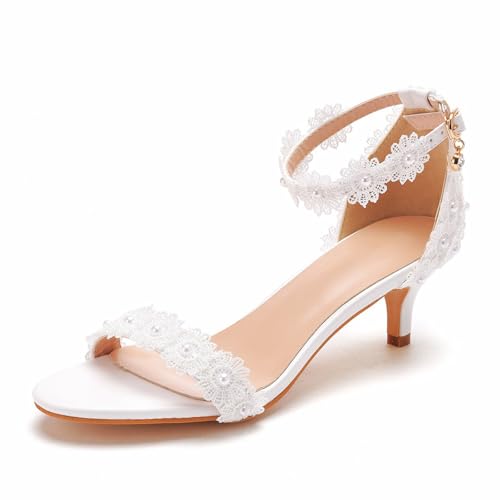 KKdhsfy Knöchelriemen Sandalen Frauen Stiletto Fersen Offene Zehe Weiße Spitze Braut Hochzeit Sandalen Schuhe,Weiß,43 EU von KKdhsfy