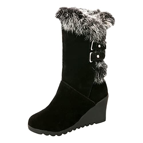 KKvoPiQ Damen Flach Gefüttert Damen-Winterstiefel mit Keilabsatz, mittelgroße, weiche, warme und bequeme Schneestiefel compatible with Motorrad Herren 46 (Black, 37) von KKvoPiQ