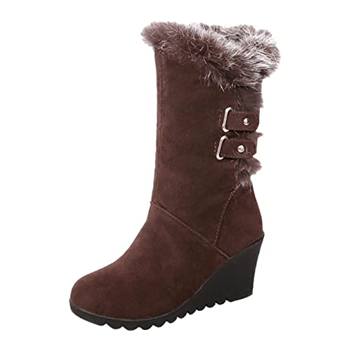 KKvoPiQ Damen Flach Gefüttert Damen-Winterstiefel mit Keilabsatz, mittelgroße, weiche, warme und bequeme Schneestiefel compatible with Motorrad Herren 46 (Brown, 39) von KKvoPiQ