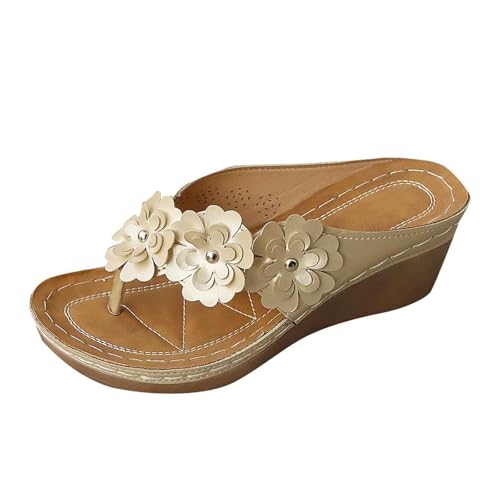 KKvoPiQ Damen Hausschuhe Blumen Außenhandel Dicker Keilabsatz Clip Toe Strand Fischgräten Sandalen Schuhe Turnschuh Pantoffeln Sommer Slipper Leder Absatz Flip Flops Elegant (Gold, 43) von KKvoPiQ