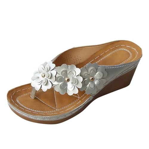 KKvoPiQ Damen Hausschuhe Blumen Außenhandel Dicker Keilabsatz Clip Toe Strand Fischgräten Sandalen Schuhe Turnschuh Pantoffeln Sommer Slipper Leder Absatz Flip Flops Elegant (Weiß, 42) von KKvoPiQ